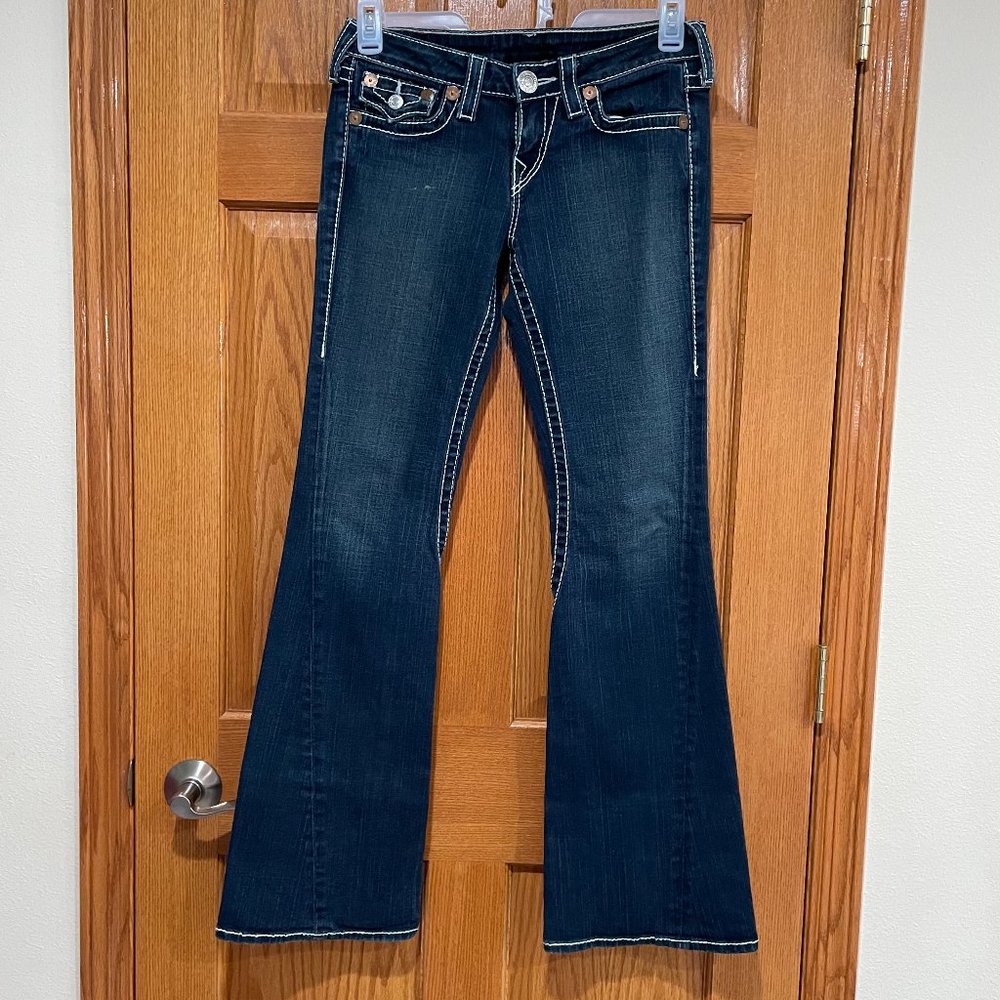 TRUE RELIGION JOEY BIG T TWISTED Women's 28 Bootcut Blue Denim Jeans Flap Pocket - Picture 2 of 8